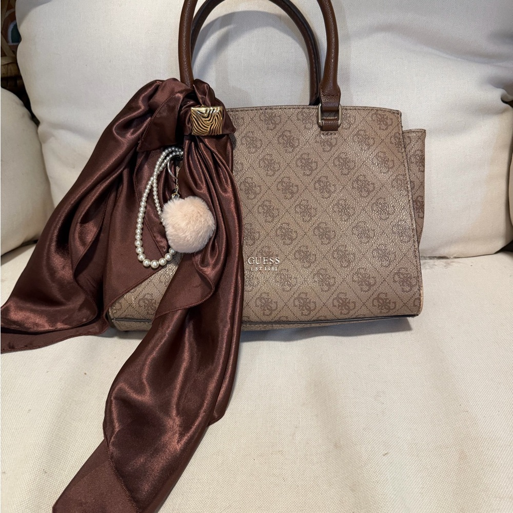 Guess Chocolate Brown Satchel with Scarf and Charm